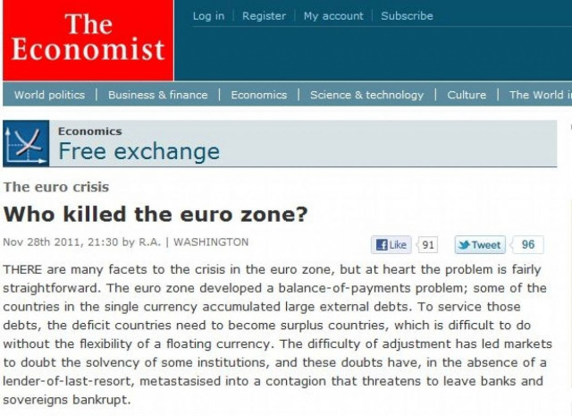 Economist: «Ποιος σκότωσε την ευρωζώνη;»