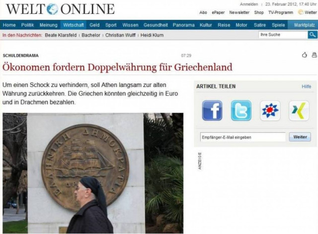 Die Welt: Σενάριο διπλού νομίσματος στην Ελλάδα