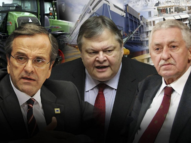 Σύσκεψη πολιτικών αρχηγών με φόντο τρακτέρ, λιμάνια και ακίνητα