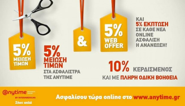 Νέες μειώσεις τιμών στα ασφάλιστρα αυτοκινήτου της Anytime!