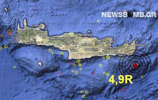 Σεισμός 4,9 Ρίχτερ νότια της Σητείας
