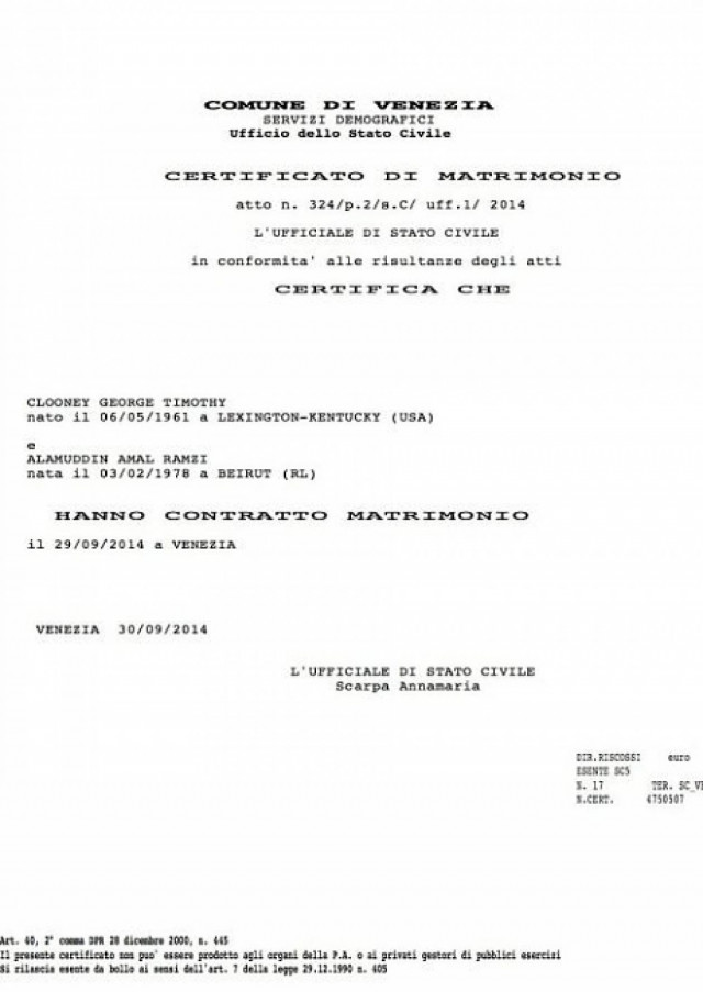 George Clooney- Amal Alamuddin: Αυτό είναι το πιστοποιητικό του γάμου τους (pic)