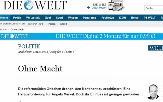 Welt: Πρόκληση για την Μέρκελ το αποτέλεσμα των ελληνικών εκλογών
