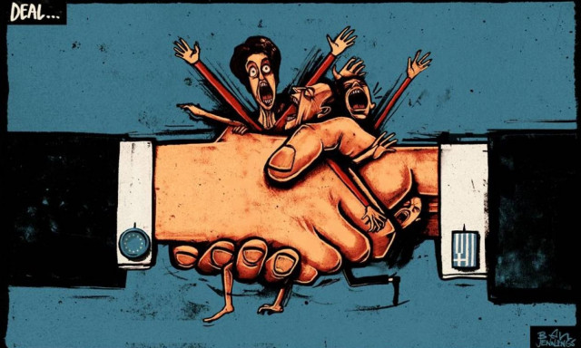 Χειραψία που συνθλίβει τον ελληνικό λαό: Το σκίτσο της Independent για τη συμφωνία