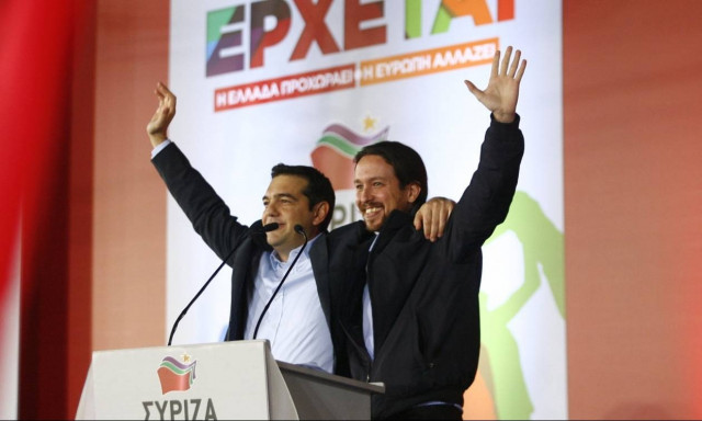 Εκλογές 2015: Χαιρετισμός του Πάμπλο Ιγκλέσιας στην ομιλία του Αλ. Τσίπρα