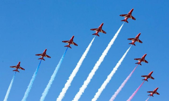 Aerobatics display by Red Arrows, Greek Mirage 2000-5 for Prince Charles visit