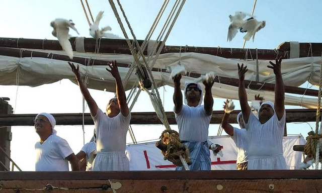 Qatar's traditional boat Al-Mubaraki docks at the old port of Corfu