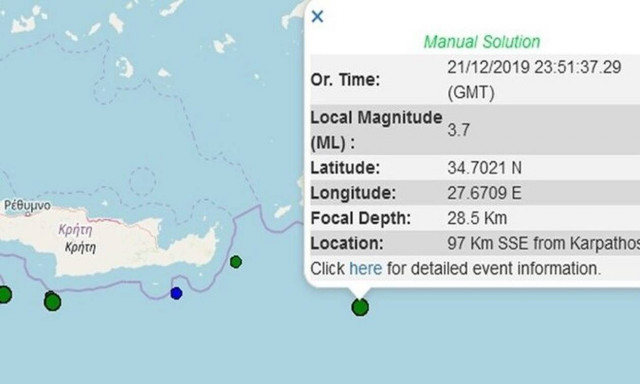 Σεισμική δόνηση νοτιοανατολικά της Καρπάθου