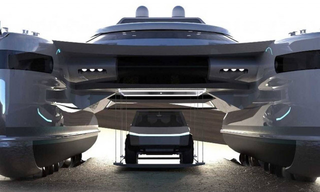 Αυτό το καταμαράν έχει γκαράζ για ένα Tesla Cybertruck και κινείται σαν κάβουρας