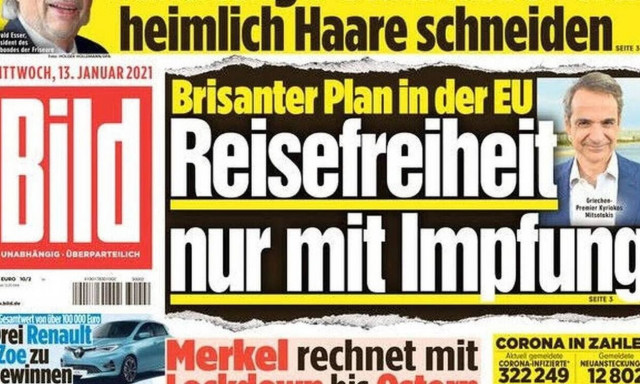 «Ελευθερία στα ταξίδια μόνο με το εμβόλιο»: Πρωτοσέλιδο στη Bild η πρόταση Μητσοτάκη