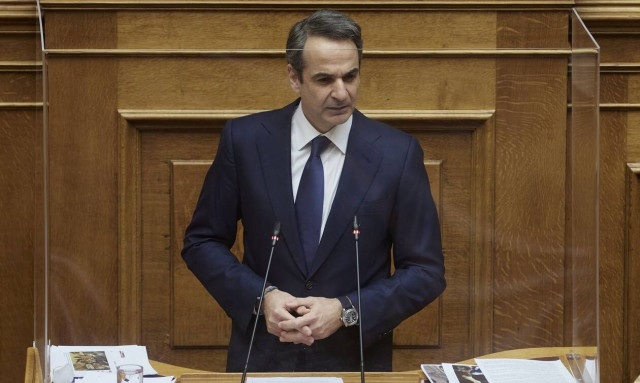 O Κυριάκος Μητσοτάκης στο βήμα της Βουλής