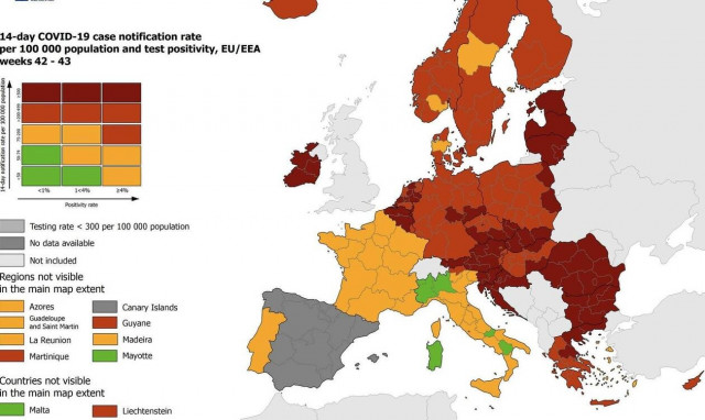 Κορονοϊός: Επιδείνωση της επιδημιολογικής κατάστασης στην ΕΕ καταγράφει ο χάρτης του ECDC