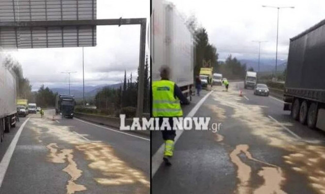 Λαμία: Φορτηγό γέμισε πετρέλαιο την Ε.Ο. στο υψος της Μαλεσίνας