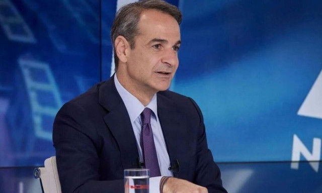 New Democracy leader Mitsotakis addresses people in Peristeri on Monday evening