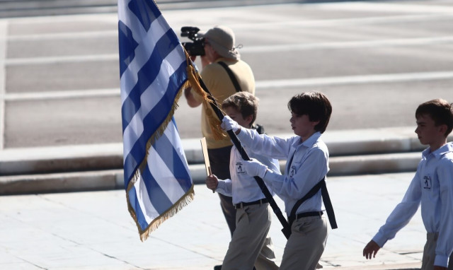 Annual student parade on the national holiday of October 28 underway