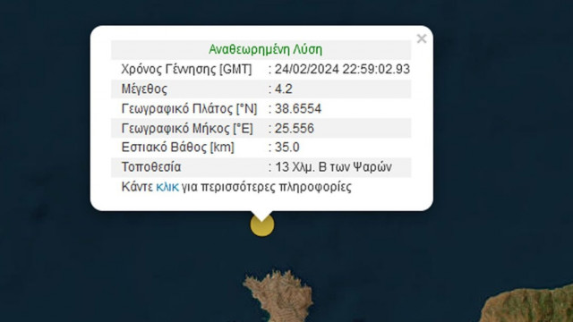 Σεισμός 4,2 βαθμών της κλίμακας Ρίχτερ ανοιχτά των Ψαρών