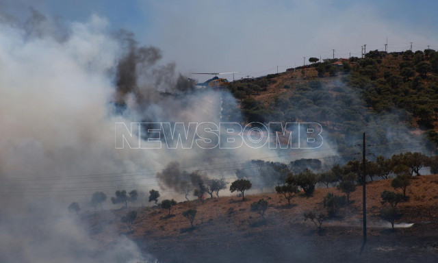 Φωτιά στην Κερατέα: Αστυνομικοί κουβαλούν γυναίκα και την απομακρύνουν από σπίτι που καίγεται
