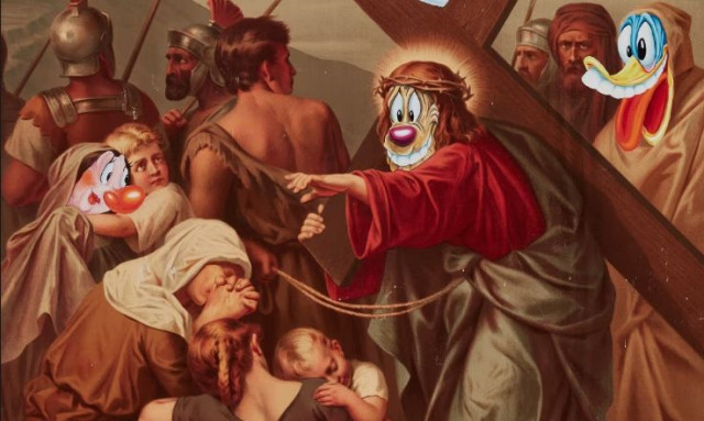 Βέβηλο έκτρωμα: Ο Χριστός με τον Σταυρό με πρόσωπο επικαλυμμένο από χαρακτήρες κόμικ