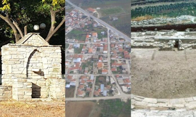 Το χωριό της Μαγνησίας με το μνημείο που έχει κατασκευαστεί όλο από ηφαιστειακό λίθο