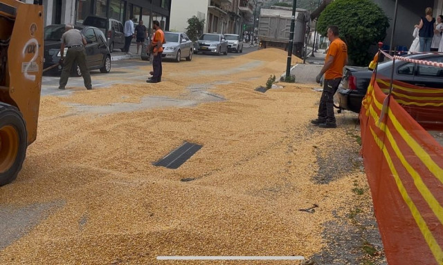 Απίστευτες εικόνες στην Αμφιλοχία: Ο κεντρικός δρόμος της πόλης «πλημμύρισε» από… καλαμπόκι