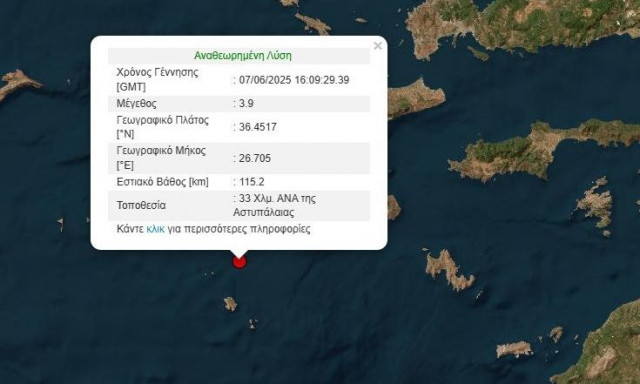 Σεισμός 3,9 Ρίχτερ στην Αστυπάλαια