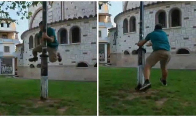 Ζούμε από τύχη: Ο Ευτύχης Μπλέτσας πιάστηκε από κολώνα φωτισμού και αυτή έπεσε (vid)