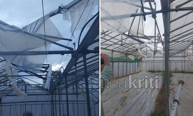 Κακοκαιρία: Εφιαλτικές στιγμές με ανεμοστρόβιλο στον Τυμπάκι - Σήκωσε θερμοκήπιο στο πέρασμά του