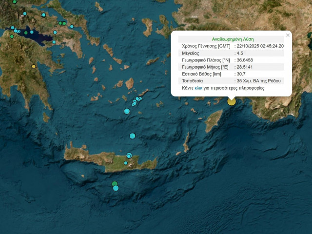 Σεισμός 4,5 Ρίχτερ κοντά στη Ρόδο