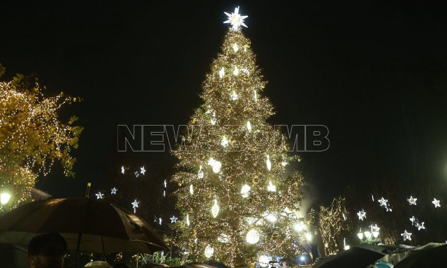 Φωταγωγήθηκε το δέντρο στην πλατεία Συντάγματος: Πλήθος κόσμου παρά την έντονη βροχόπτωση