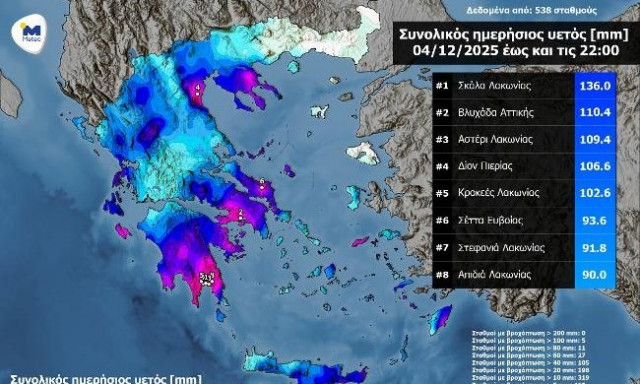 Kακοκαιρία Byron: Σε Λακωνία και Αττική τα μεγαλύτερα ύψη βροχή έως τις 10 το βράδυ της Πέμπτης