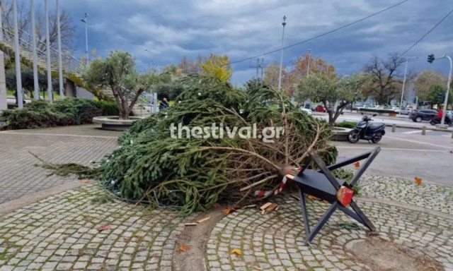 Θεσσαλονίκη: Η κακοκαιρία Byron έριξε από τους ανέμους το χριστουγεννιάτικο δέντρο στο δημαρχείο