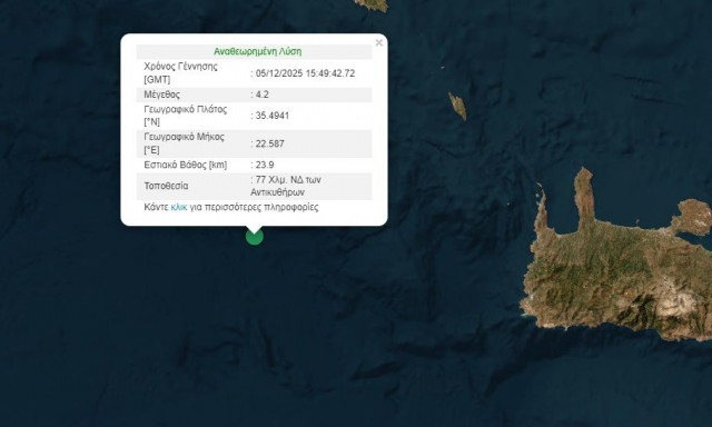 Σεισμός 4,2 Ρίχτερ ανάμεσα σε Κρήτη και Αντικύθηρα
