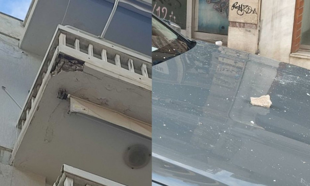 Βόλος: «Έβρεξε» σοβάδες στο κέντρο της πόλης - Τμήμα μπαλκονιού αποκολλήθηκε και έπεσε πάνω σε ΙΧ