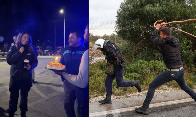 Αγροτικά μπλόκα: Συγκίνησαν αγρότες με τούρτα - έκπληξη σε αστυνομικό 