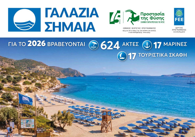 Γαλάζια σημαία 2026: Δεύτερη παγκοσμίως η Ελλάδα - Βραβεύτηκαν 18 ακτές για 35η συνεχή χρονιά