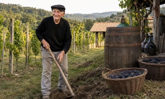 Στα 94 του κρατάει τσάπα, δουλεύει στα αμπέλια και φτιάχνει το δικό του κρασί