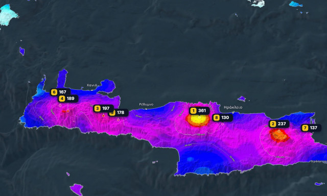 Καιρός - Κακοκαιρία στην Κρήτη: Πάνω από 360 χιλιοστά βροχής μέσα σε δύο ημέρες -Χάρτης