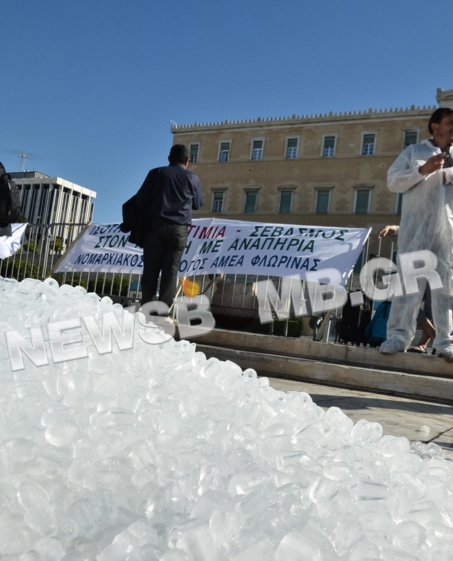 Κάτοικοι της Φλώρινας έριξαν πάγο έξω από τη Βουλή (ΦΩΤΟ+ΒΙΝΤΕΟ)