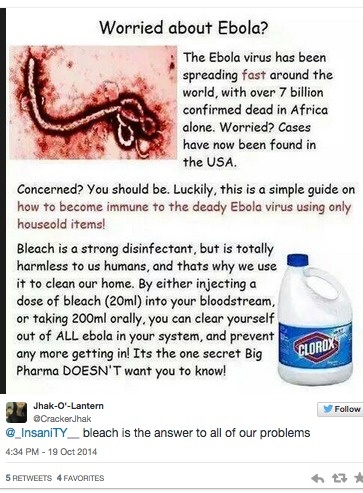 Έμπολα: Μακάβρια και επικίνδυνη φήμη στο διαδίκτυο -«Πιείτε χλωρίνη»