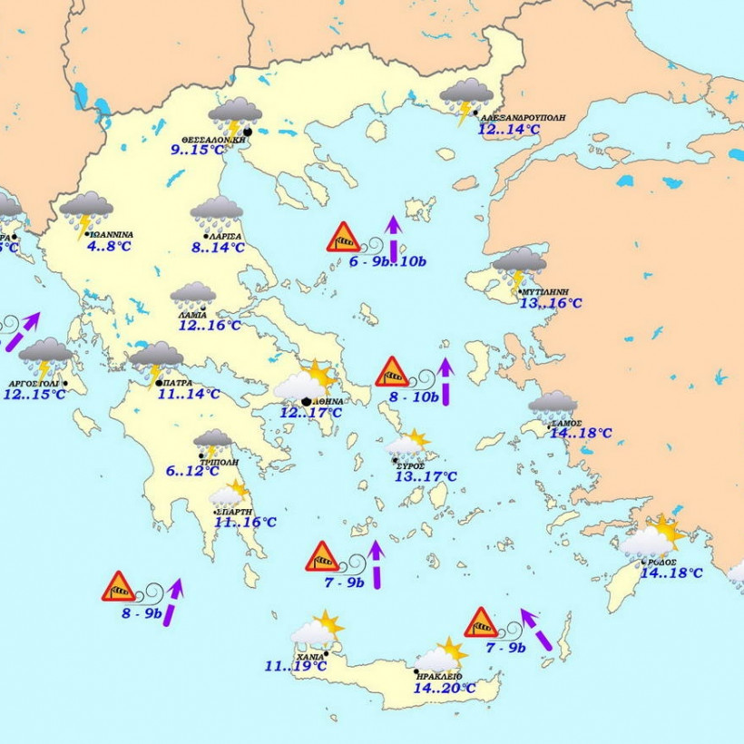 Σφοδρή κακοκαιρία σαρώνει τη χώρα με καταιγίδες και ανέμους μέχρι 10 μποφόρ