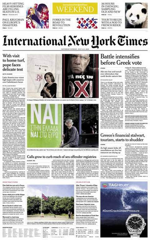 Δημοψήφισμα 2015 - Η αφίσα του «όχι» από «Το Χωνί» στο πρωτοσέλιδο των New York Times!