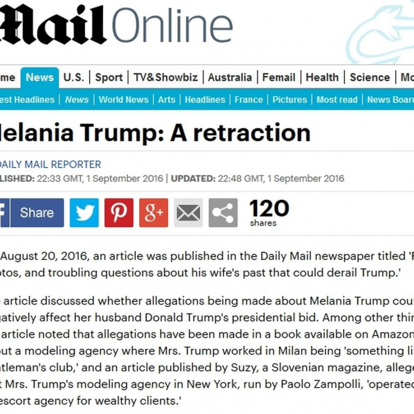 Βρετανία: Η Daily Mail «ανακαλεί» το γεμάτο υπονοούμενα δημοσίευμα για τη σύζυγο του Ντόναλντ Τραμπ 