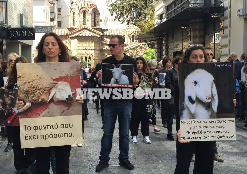 Ακτιβιστές χορτοφάγοι διαμαρτυρήθηκαν στην Ερμού κατά της σφαγής ζώων (pics&vid)