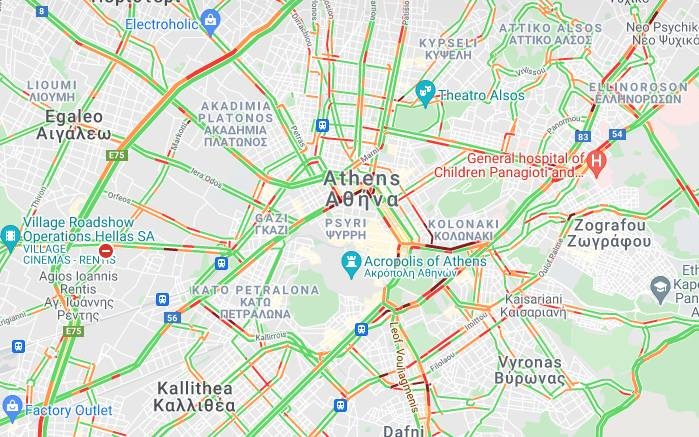 Χάρτης στον οποίο αποτυπώνεται η κίνηση των οχημάτων και λήφθηκε στις 8.50 το πρωί 