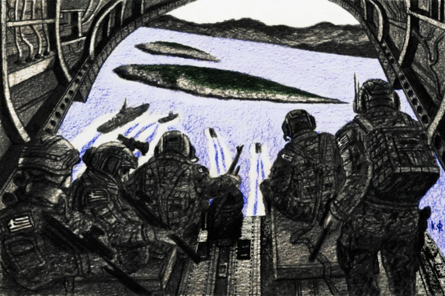 Άποψη από Σινούκ, ενώ διακρίνονται λιμενικά σκάφη να προσεγγίζουν τα Ίμια. Σκίτσο με μολύβι του Κωνσταντίνου Φάη για το Newsbomb.gr