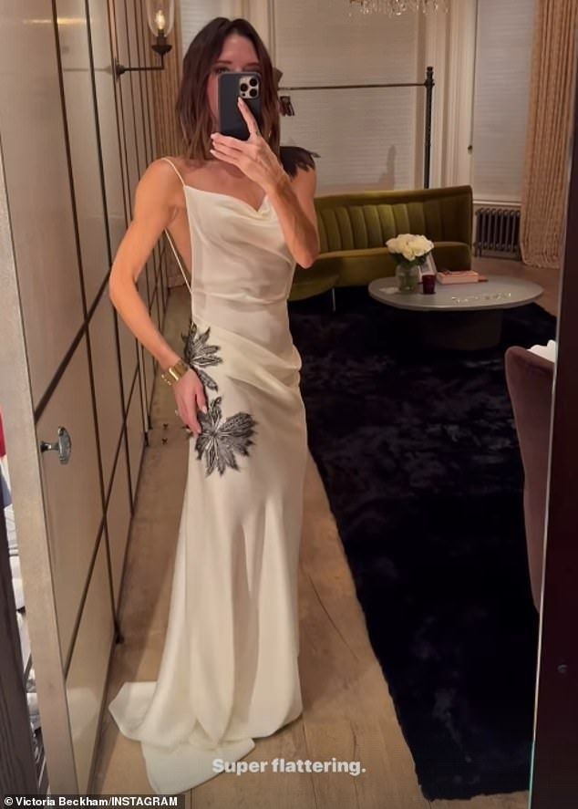 The fashion designer, 50, slipped into a £2,000 white silk cami dress from her own collection, which she said was 'super flattering' on her toned physique
