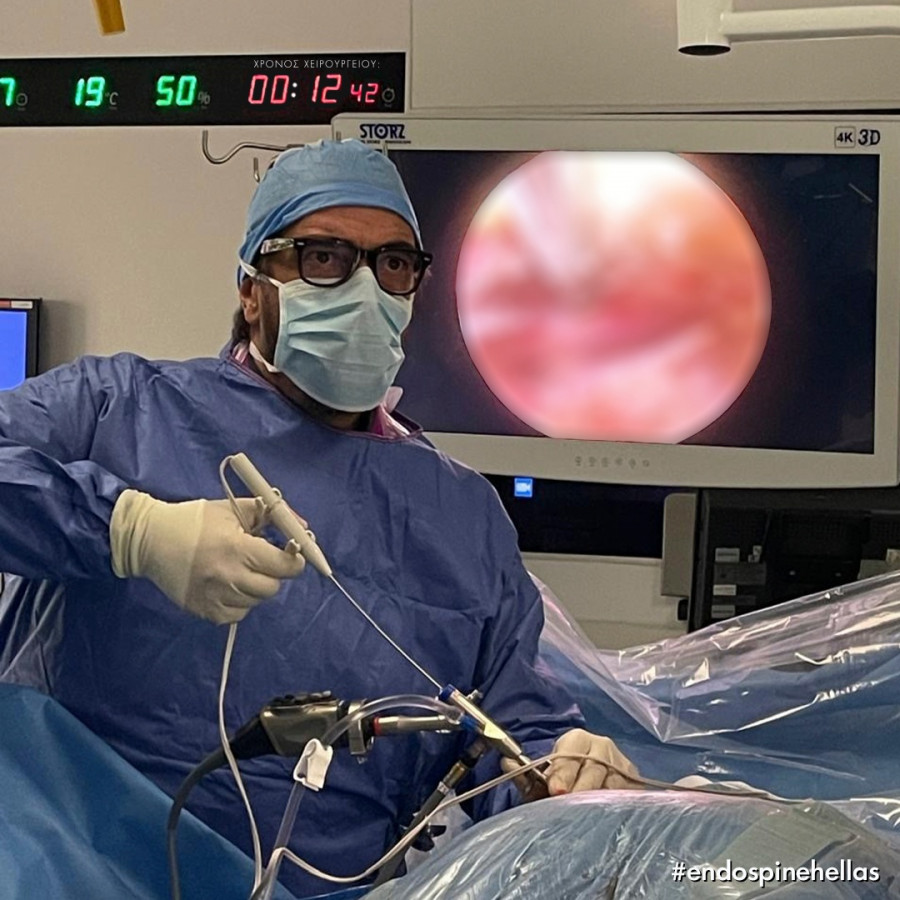 Aesthitic handdrawn illustration of human spine highlighted blue. Photo collage with female hand on dark studio background.