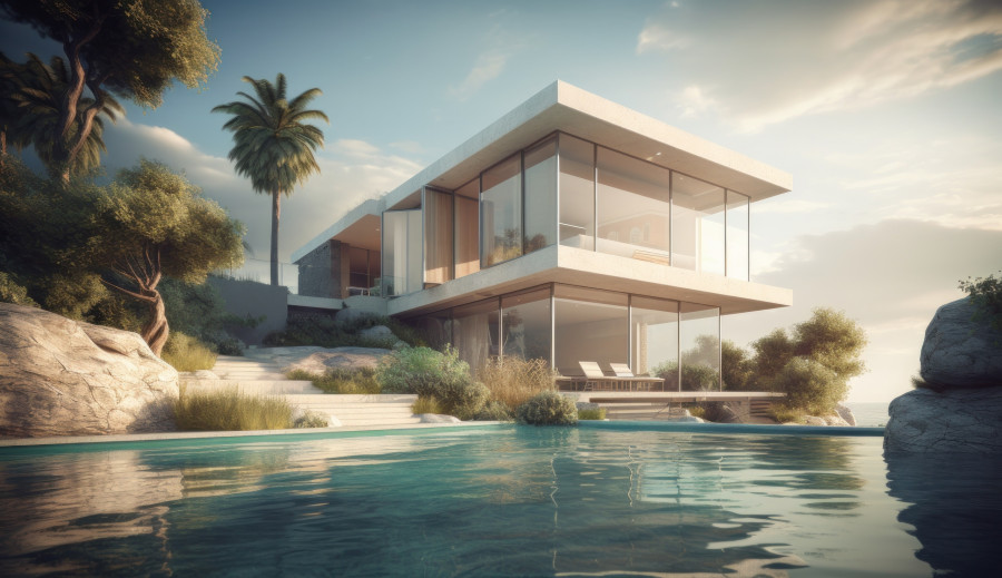 Design house - modern villa with open plan living and private bedroom wing. Large terrace with privacy and, swimming pool. Generative AI.