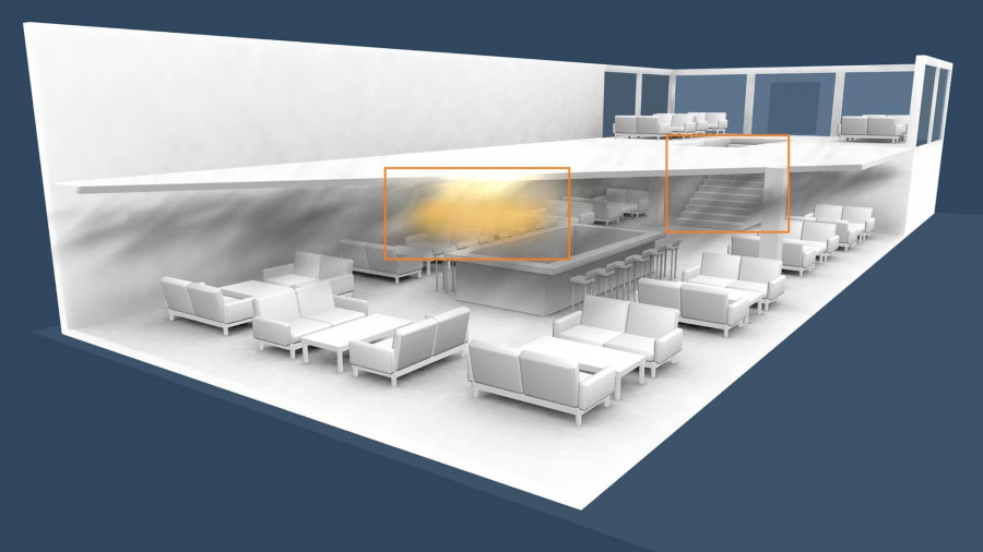 Τρισδιάστατη απεικόνιση της έναρξης της πυρκαγιάς και των σκαλοπατιών που οδηγούν στο μπαρ 