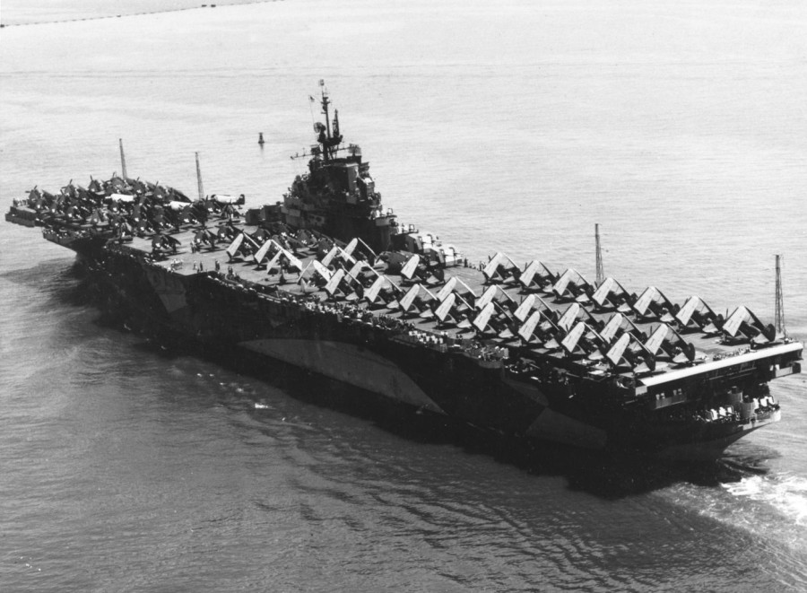 USS Ticonderoga (CV-14), an Essex-class aircraft carrier, operates underway in Hampton Roads on 26 June 1944, demonstrating U.S. Navy carrier operations during World War II.